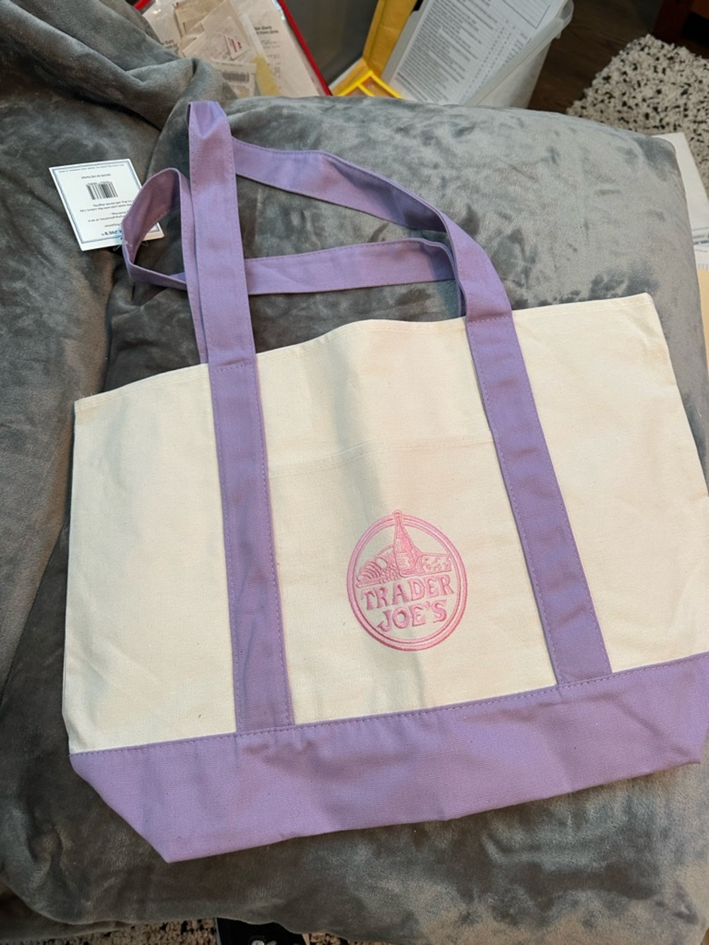 Trader Joe's Cream and Lavender Canvas Tote